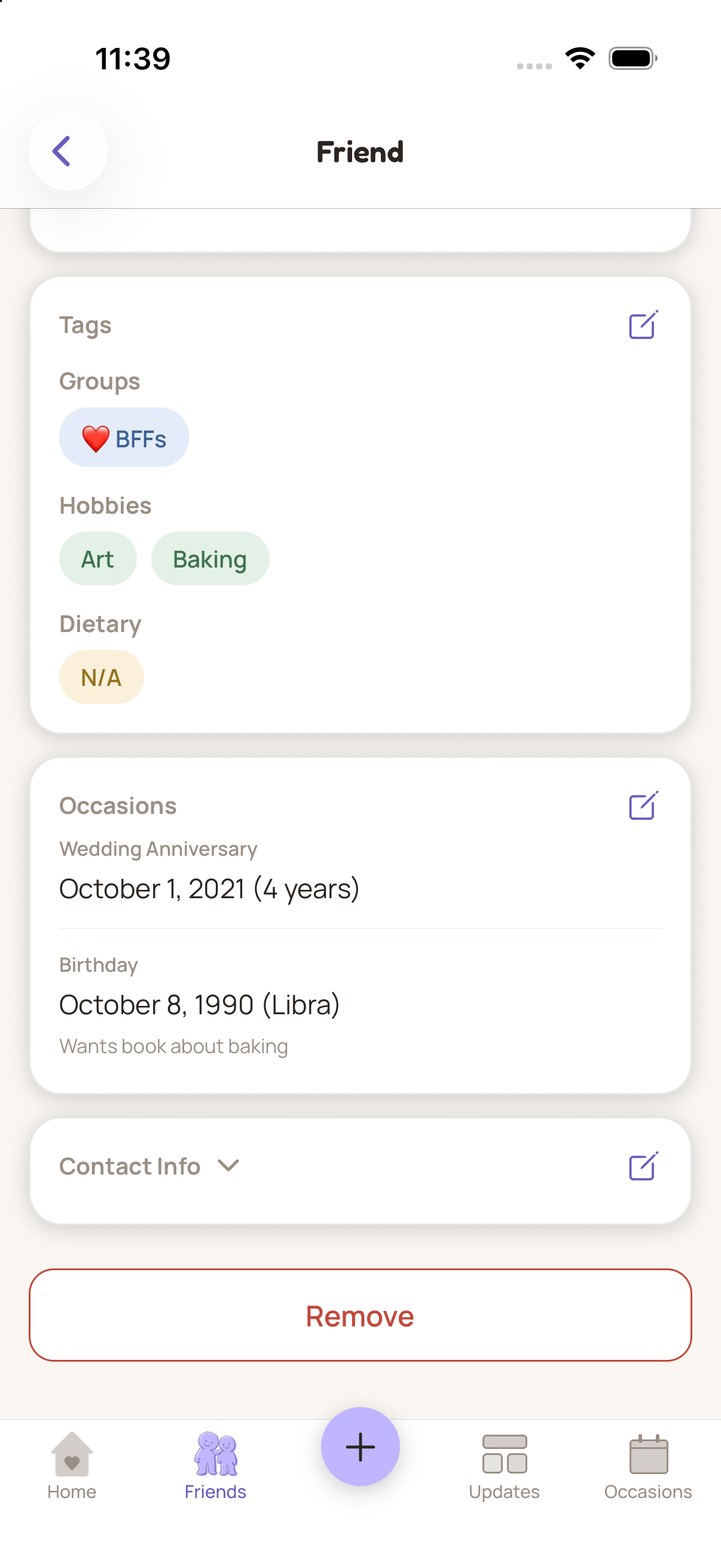 A friend's profile in Closer, showing tags and an upcoming birthday with a gift idea noted