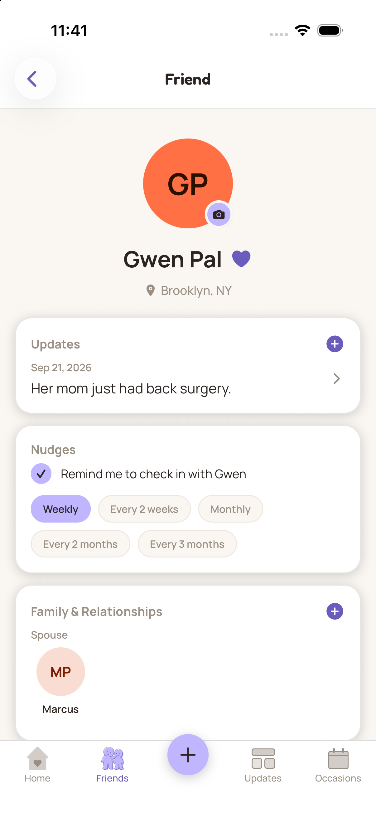 A friend's profile in Closer, showing an update, nudge cadence, and family and relationships