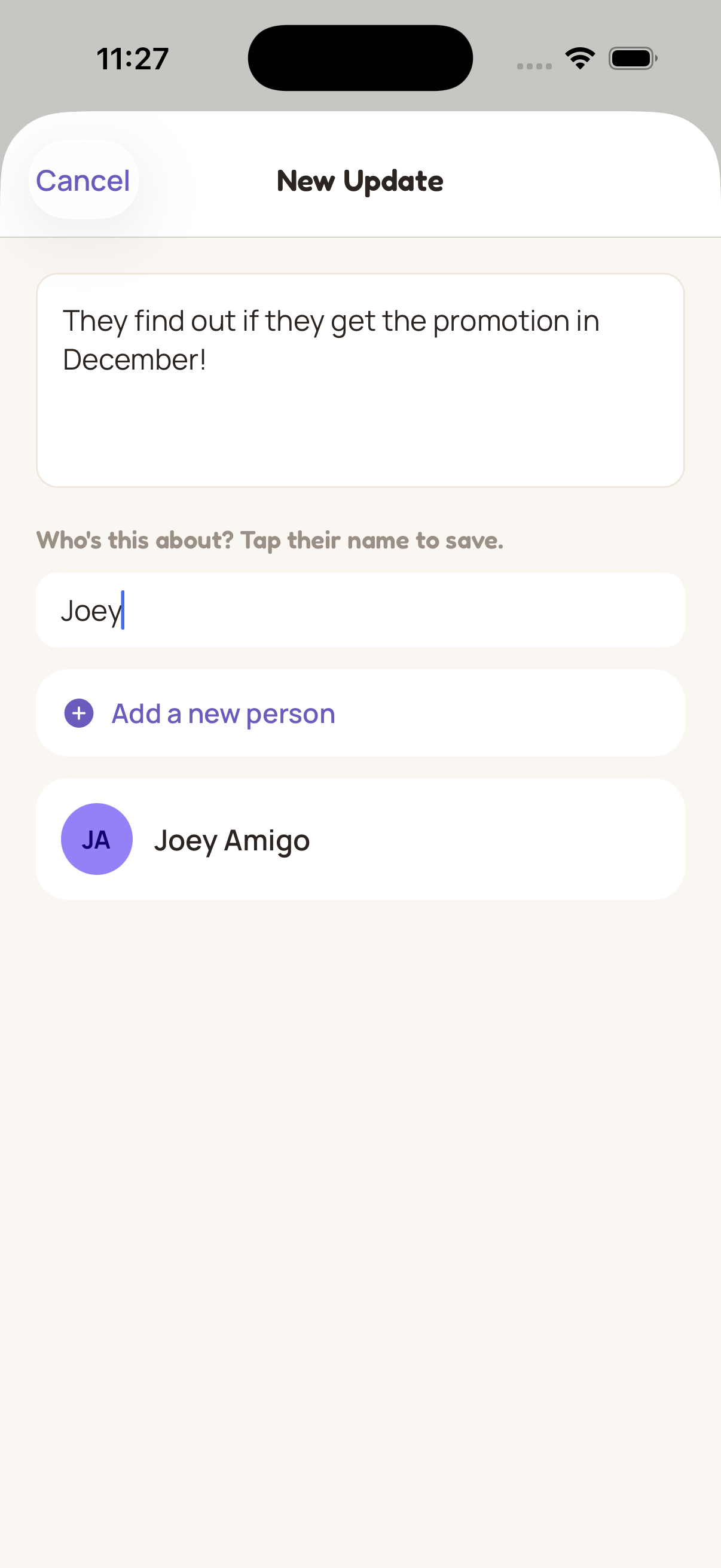 Closer's quick-capture screen for logging a new update about a friend